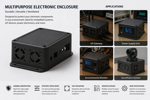 Industrial Dual-Fan Matte Black Custom Enclosure with Multi-Port Cutouts & Secure Flange Mounting Base