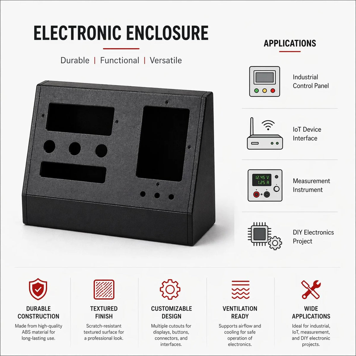 Custom ABS Electronic Enclosure Durable Textured Finish Versatile Industrial IoT Measurement DIY Project Box Housing