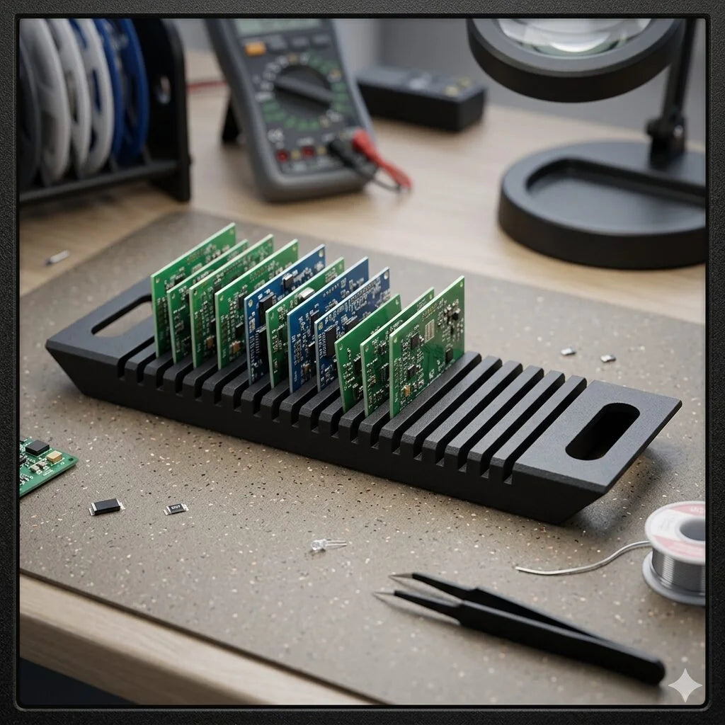 Professional 18-Slot ESD-Safe Vertical PCB Storage Rack (6 × 16 Inch) | Anti-Static PCB Organizer Tray with Side Grip Handles