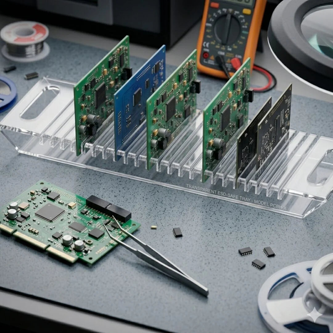 Ultra-Clear Multi-Slot Anti-Static PCB Storage Tray (6 × 18 Inch) | Transparent ESD-Safe Vertical PCB Holder for Assembly & Storage