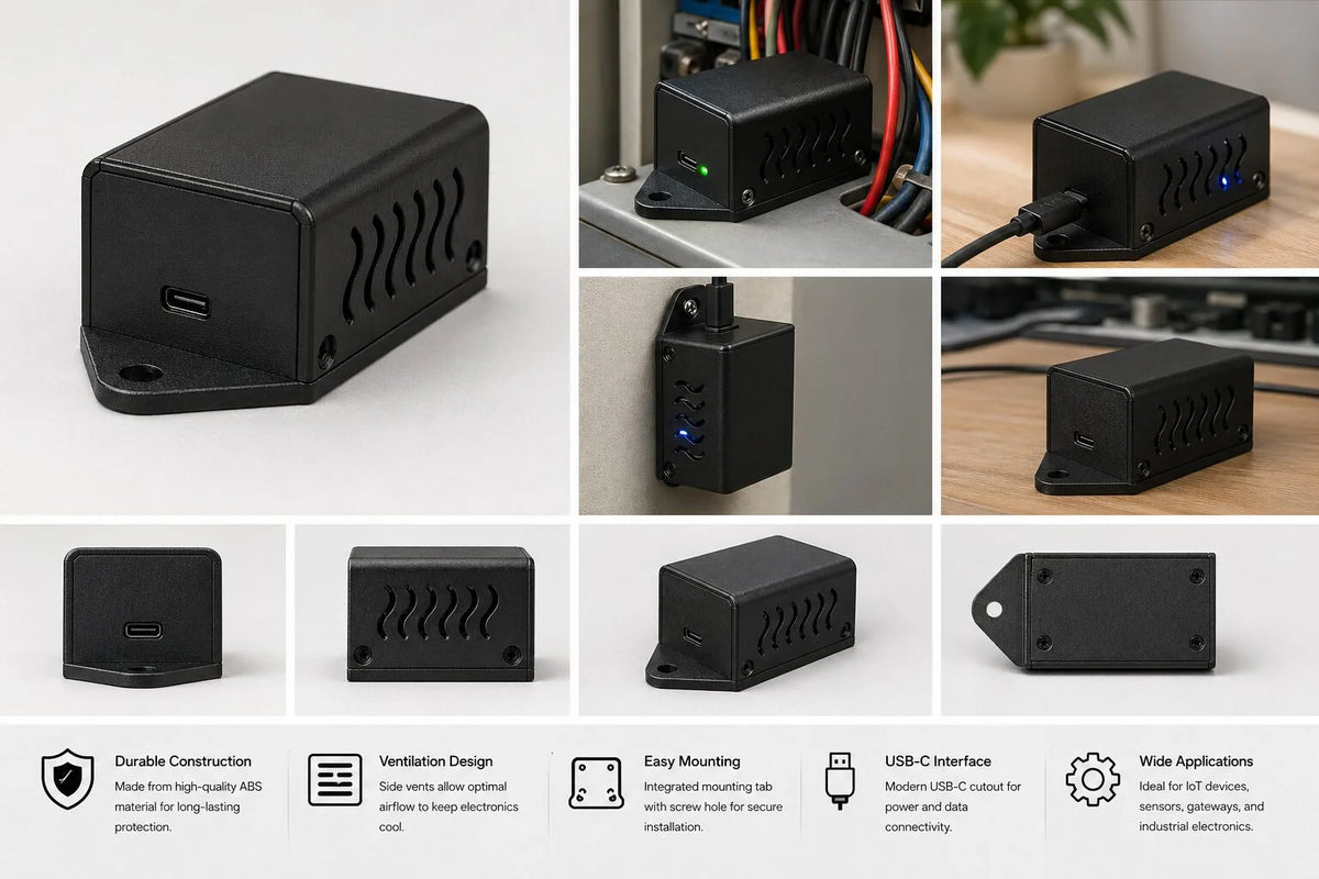 Compact Matte Black Project Box | USB-C Electronics Enclosure | Ventilated ABS PCB Case | Flange Mount Housing