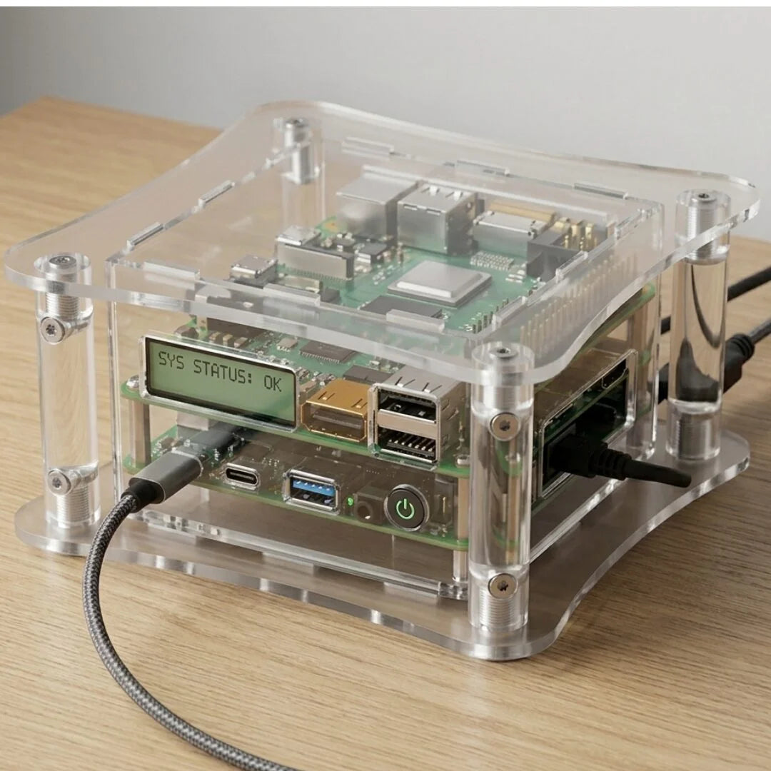 Premium dual–stack acrylic custom electronic PCB enclosure with integrated LCD status display