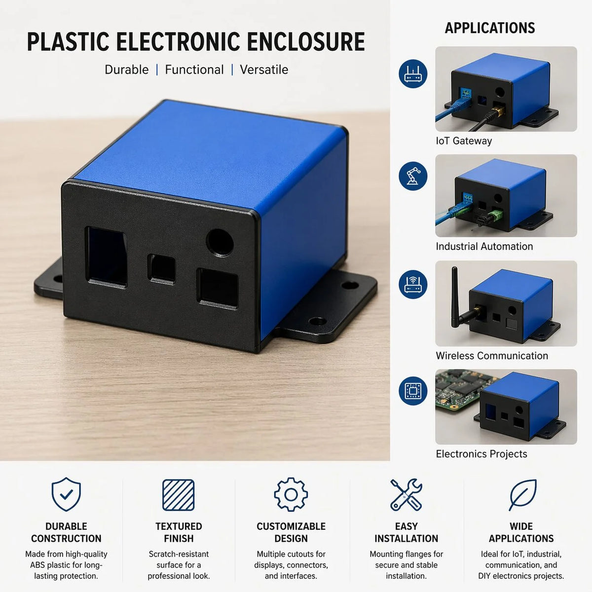 Custom Plastic Electronic Enclosure Durable Textured Finish Versatile Mountable IoT Device Project Box Housing